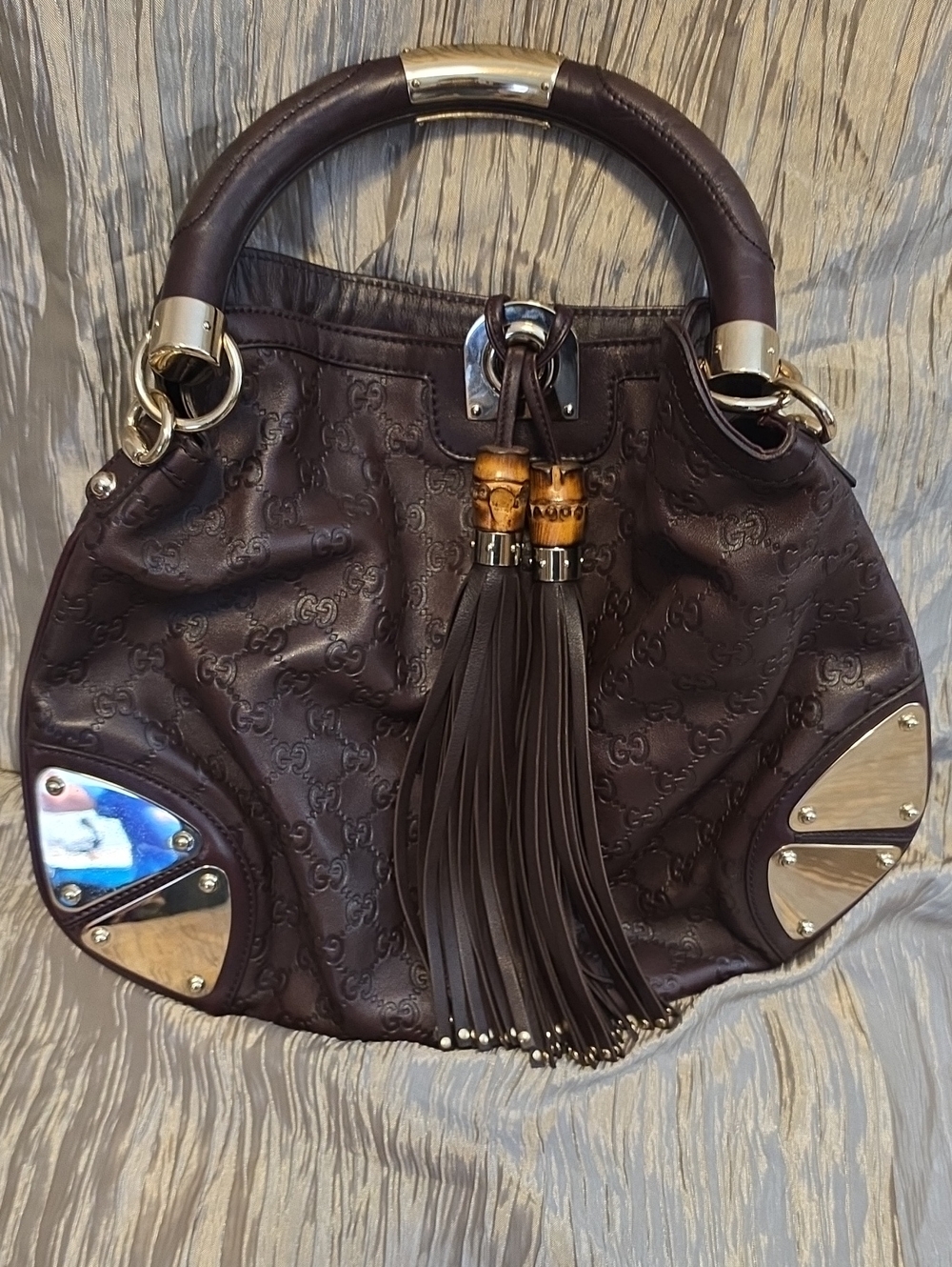 Gucci Guccissima Dark Brown Indy Bag with Leather Tassel Tote
